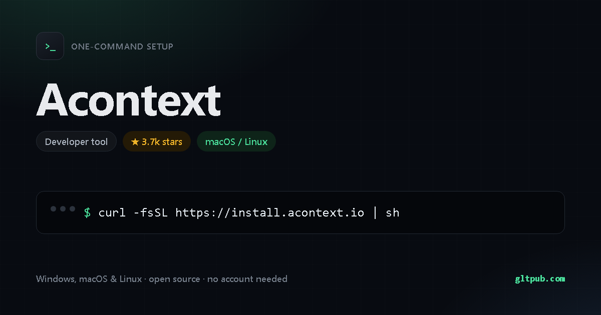 Acontext one-command setup card, developer tool, for macOS and Linux, 3.7k stars on the project's repository