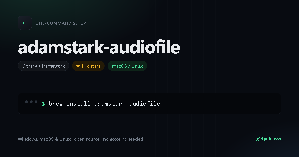 adamstark-audiofile one-command setup card, library / framework, for macOS and Linux, 1.1k stars on the project's repository