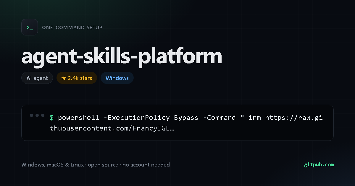 agent-skills-platform one-command setup card, ai agent, for Windows, 2.4k stars on the project's repository