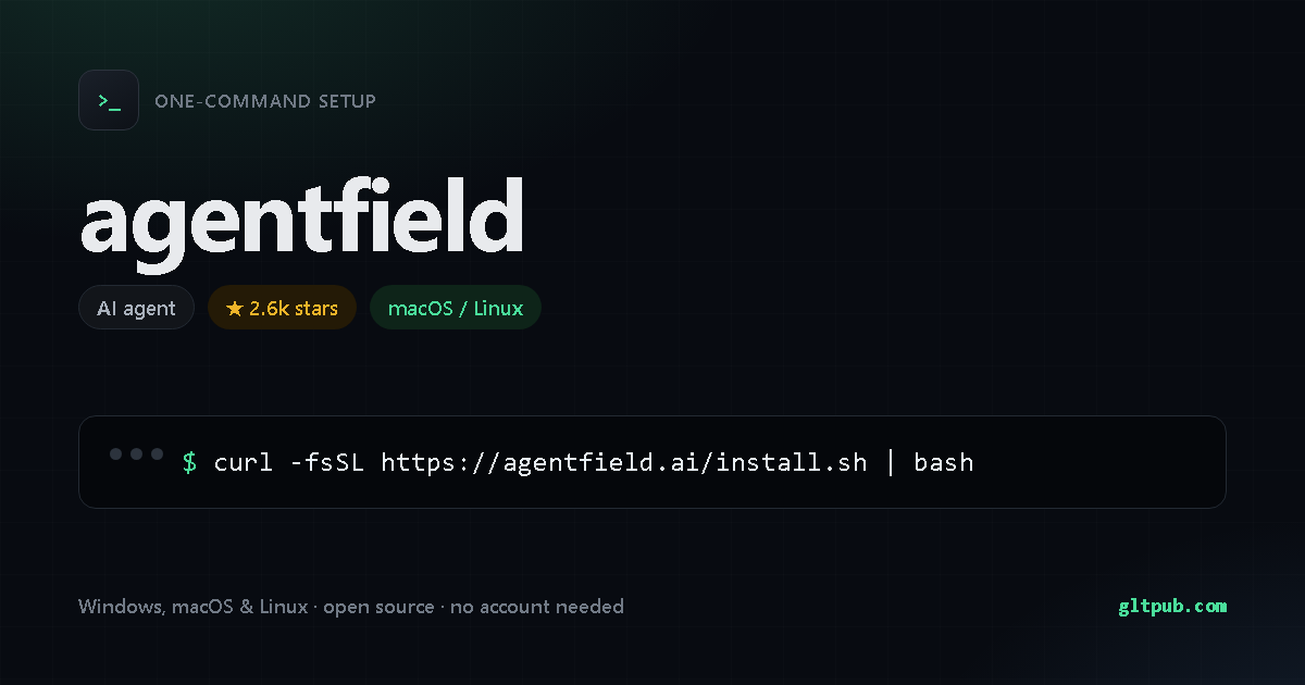 agentfield one-command setup card, ai agent, for macOS and Linux, 2.6k stars on the project's repository