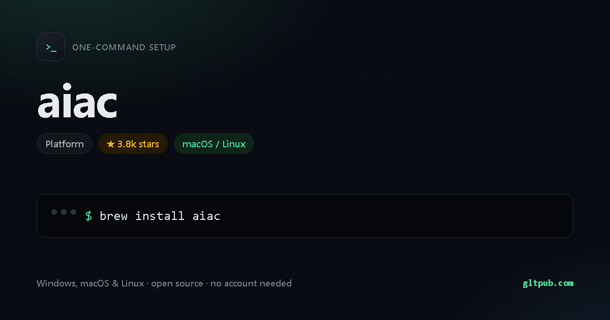 aiac one-command setup card, platform, for macOS and Linux, 3.8k stars on the project's repository