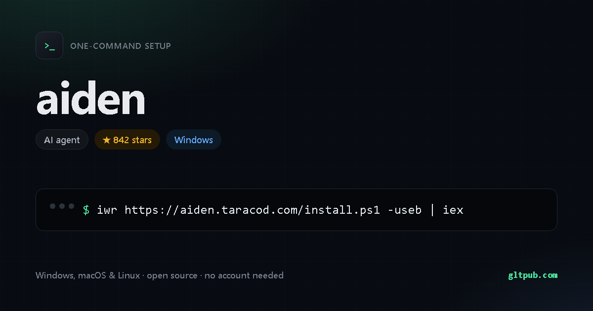 aiden one-command setup card, ai agent, for Windows, 842 stars on the project's repository