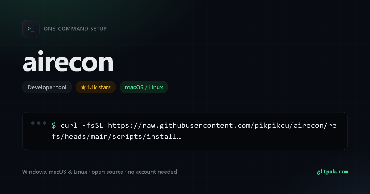 airecon one-command setup card, developer tool, for macOS and Linux, 1.1k stars on the project's repository