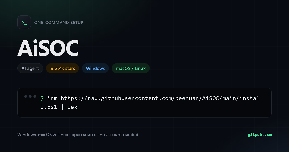AiSOC one-command setup card, ai agent, for Windows and macOS and Linux, 2.4k stars on the project's repository