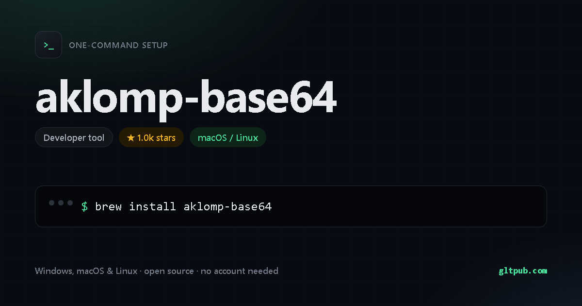 aklomp-base64 one-command setup card, developer tool, for macOS and Linux, 1.0k stars on the project's repository