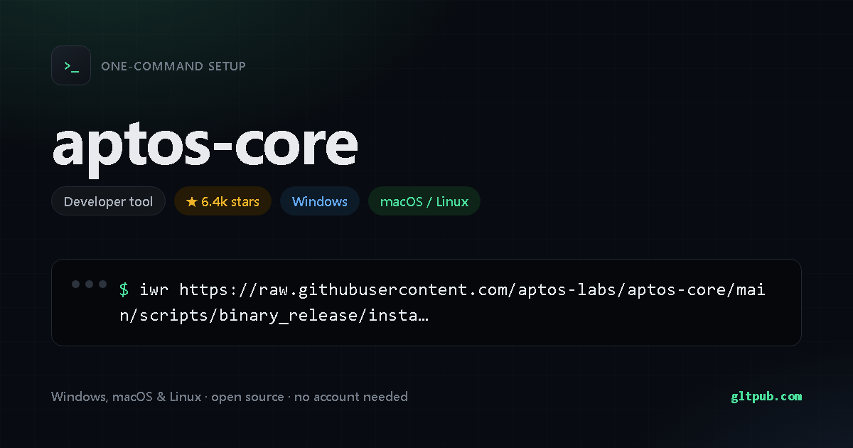aptos-core one-command setup card, developer tool, for Windows and macOS and Linux, 6.4k stars on the project's repository