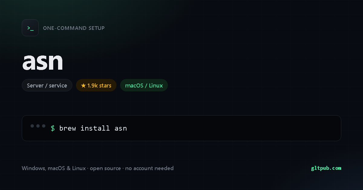 asn one-command setup card, server / service, for macOS and Linux, 1.9k stars on the project's repository