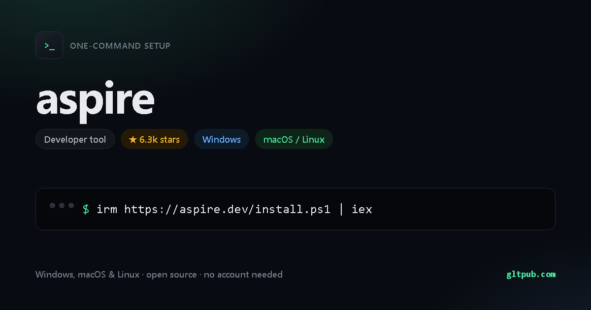 aspire one-command setup card, developer tool, for Windows and macOS and Linux, 6.3k stars on the project's repository
