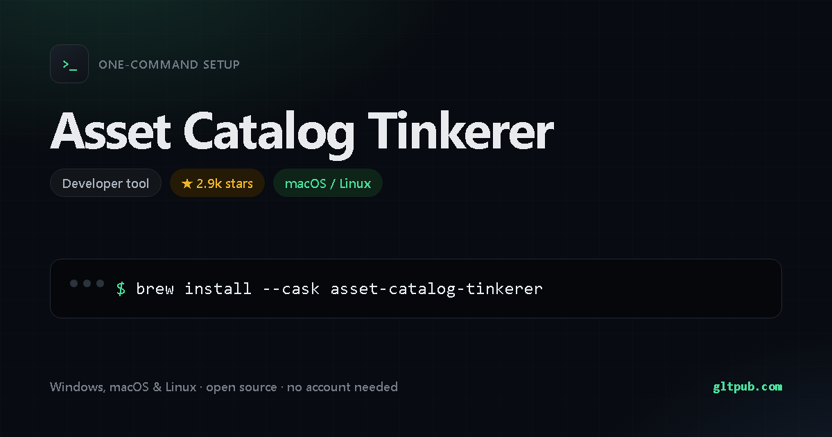 Asset Catalog Tinkerer one-command setup card, developer tool, for macOS and Linux, 2.9k stars on the project's repository
