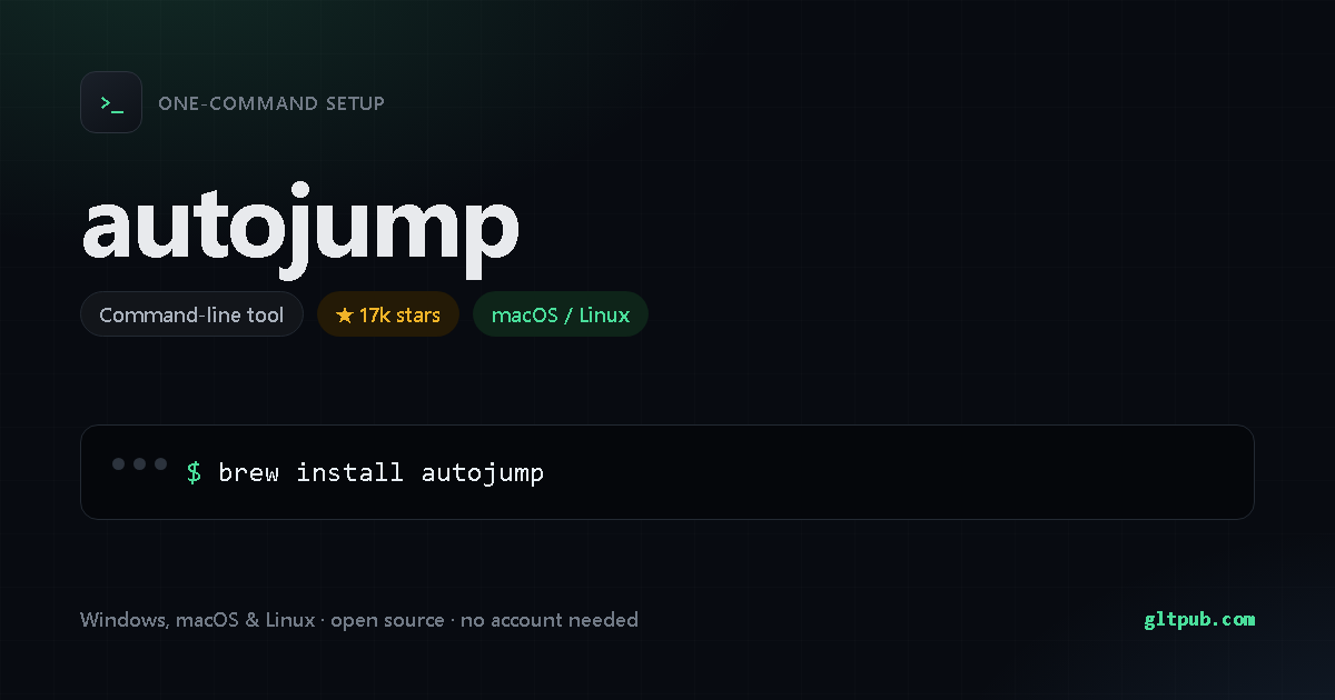 autojump one-command setup card, command-line tool, for macOS and Linux, 17k stars on the project's repository