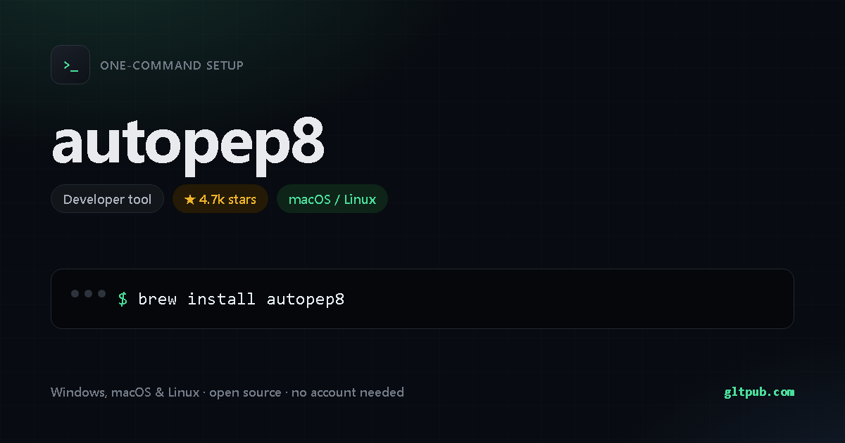 autopep8 one-command setup card, developer tool, for macOS and Linux, 4.7k stars on the project's repository