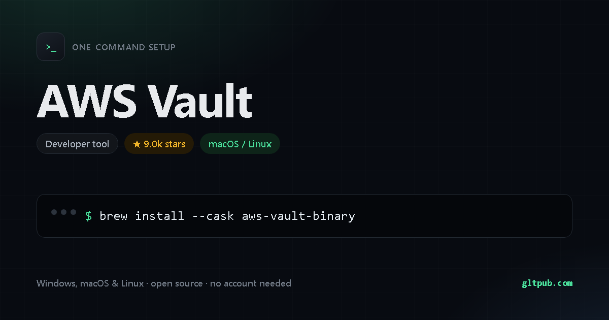 AWS Vault one-command setup card, developer tool, for macOS and Linux, 9.0k stars on the project's repository