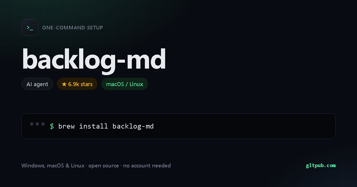 backlog-md one-command setup card, ai agent, for macOS and Linux, 6.9k stars on the project's repository