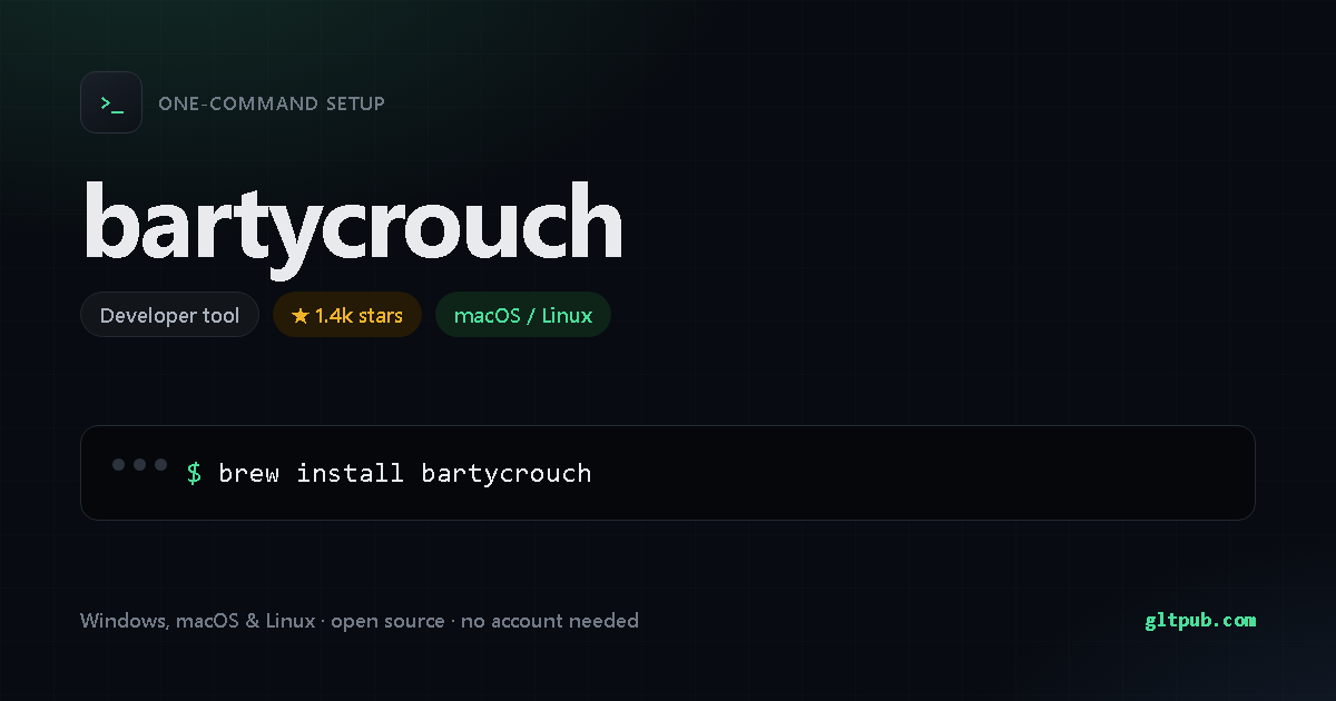 bartycrouch one-command setup card, developer tool, for macOS and Linux, 1.4k stars on the project's repository