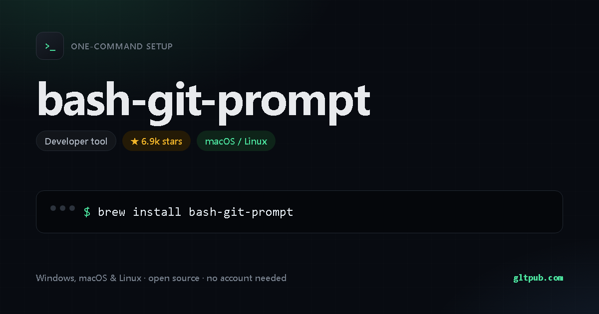 bash-git-prompt one-command setup card, developer tool, for macOS and Linux, 6.9k stars on the project's repository