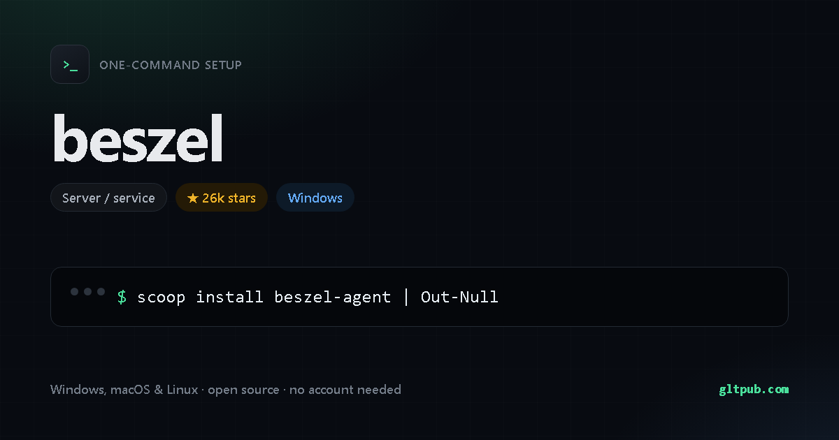 beszel one-command setup card, server / service, for Windows, 26k stars on the project's repository