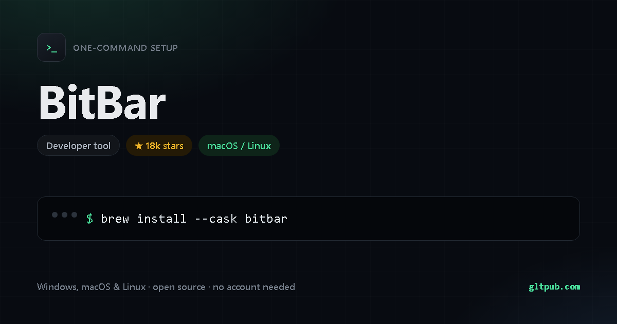 BitBar one-command setup card, developer tool, for macOS and Linux, 18k stars on the project's repository