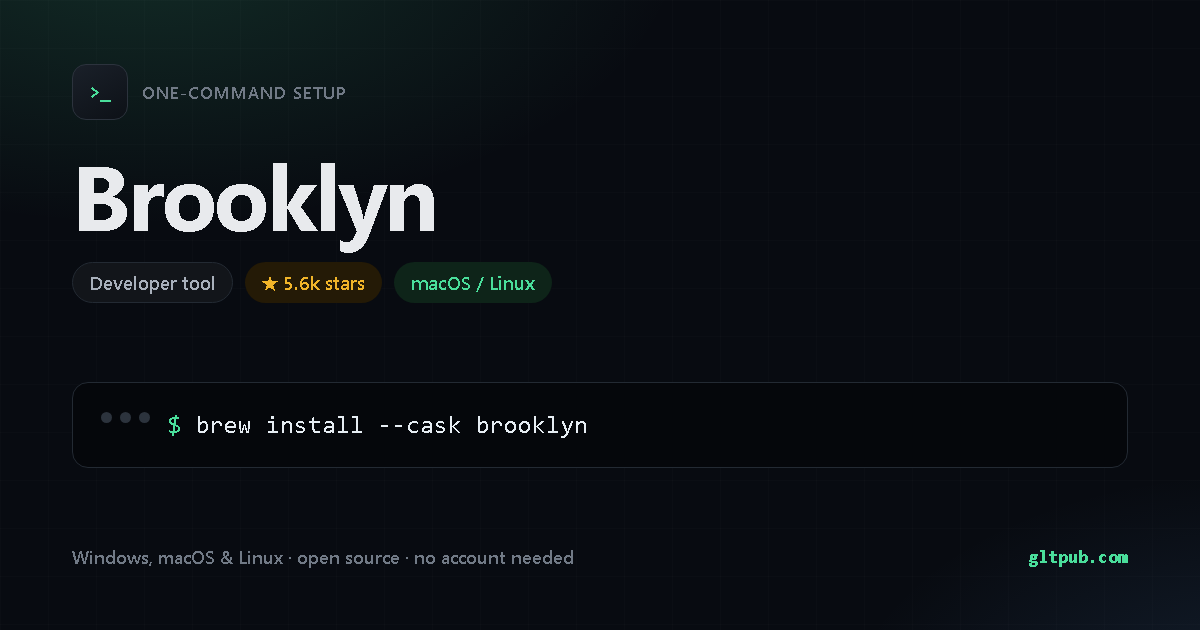 Brooklyn one-command setup card, developer tool, for macOS and Linux, 5.6k stars on the project's repository