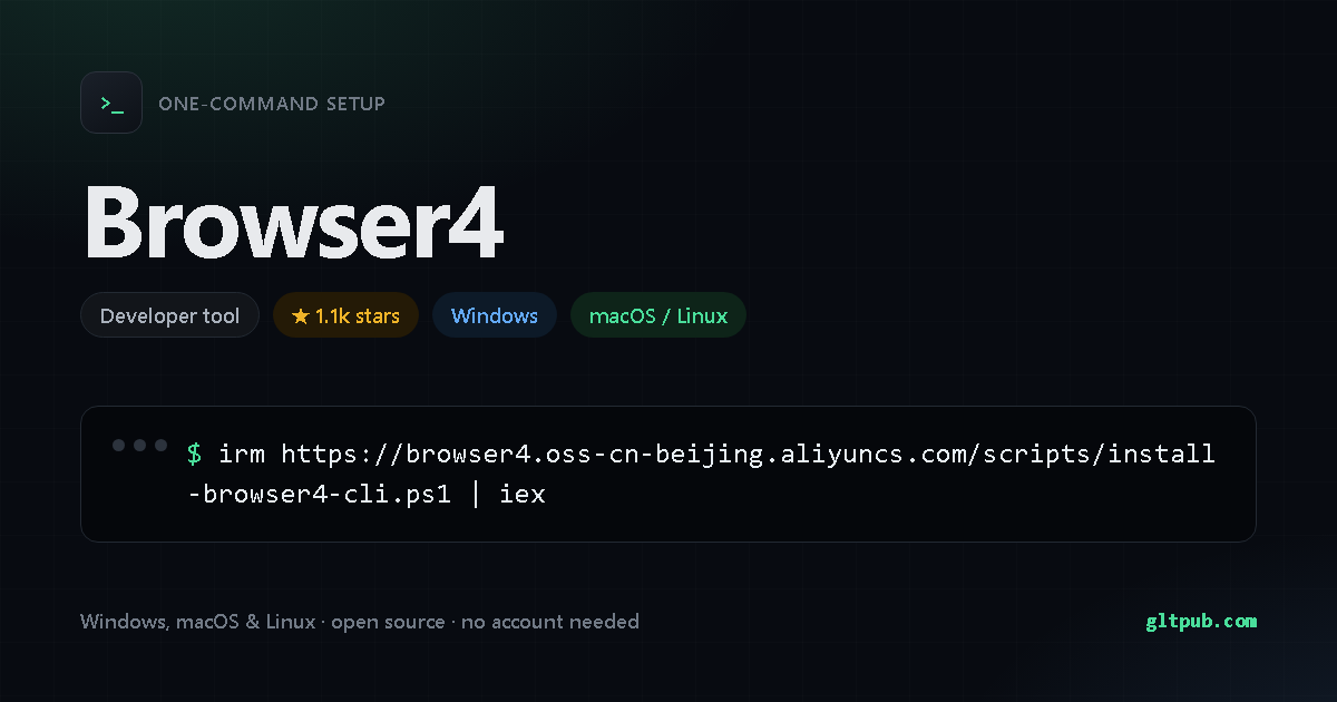 Browser4 one-command setup card, developer tool, for Windows and macOS and Linux, 1.1k stars on the project's repository