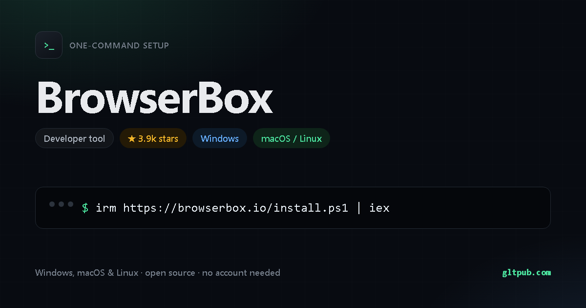 BrowserBox one-command setup card, developer tool, for Windows and macOS and Linux, 3.9k stars on the project's repository