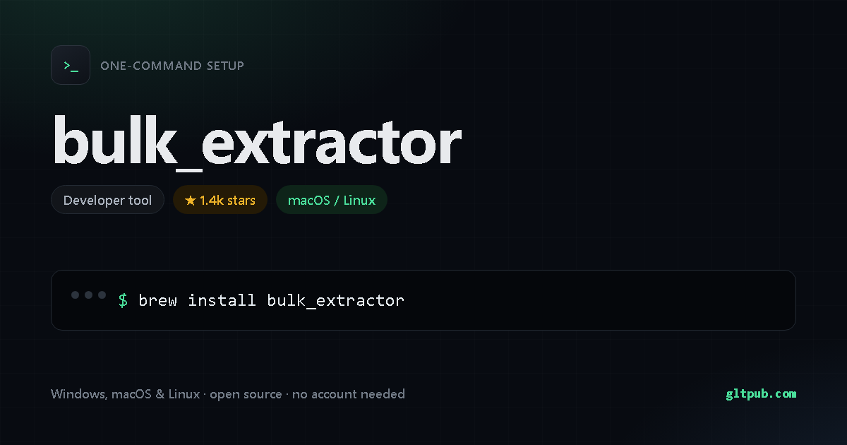 bulk_extractor one-command setup card, developer tool, for macOS and Linux, 1.4k stars on the project's repository