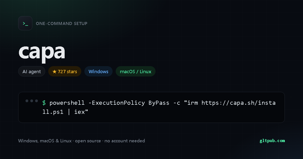 capa one-command setup card, ai agent, for Windows and macOS and Linux, 727 stars on the project's repository