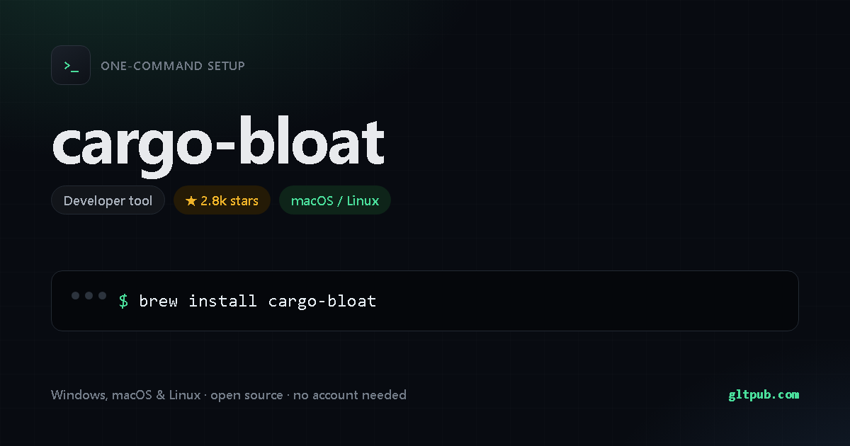 cargo-bloat one-command setup card, developer tool, for macOS and Linux, 2.8k stars on the project's repository