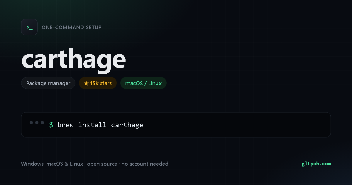 carthage one-command setup card, package manager, for macOS and Linux, 15k stars on the project's repository