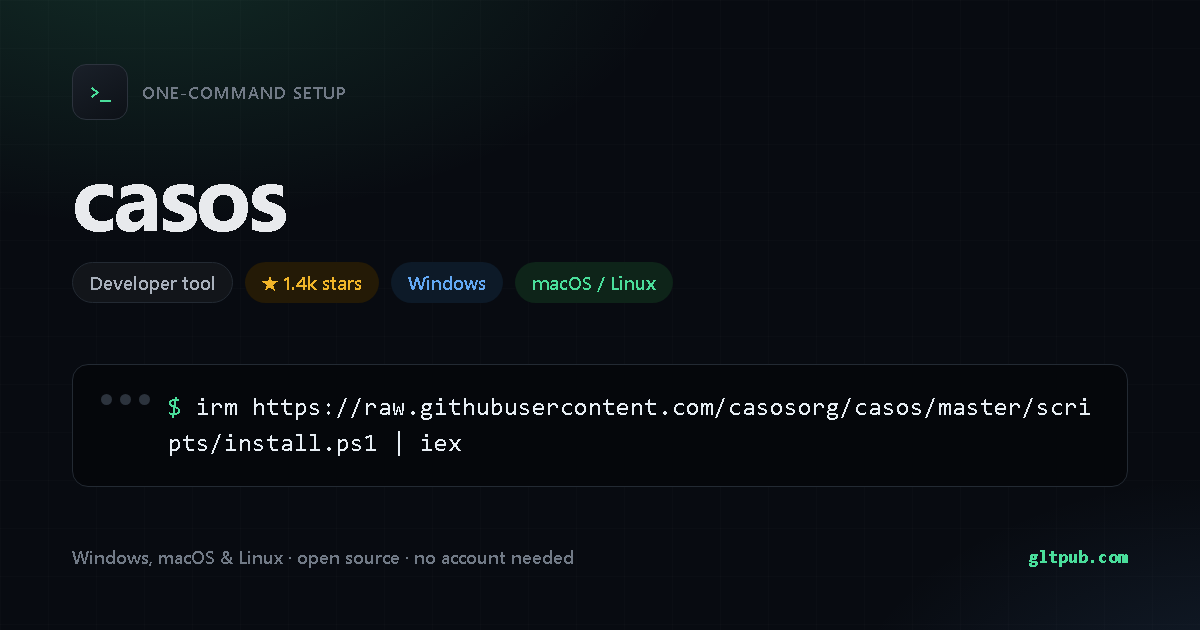 casos one-command setup card, developer tool, for Windows and macOS and Linux, 1.4k stars on the project's repository