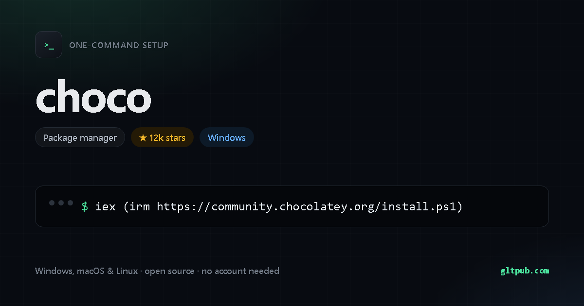 choco one-command setup card, package manager, for Windows, 12k stars on the project's repository