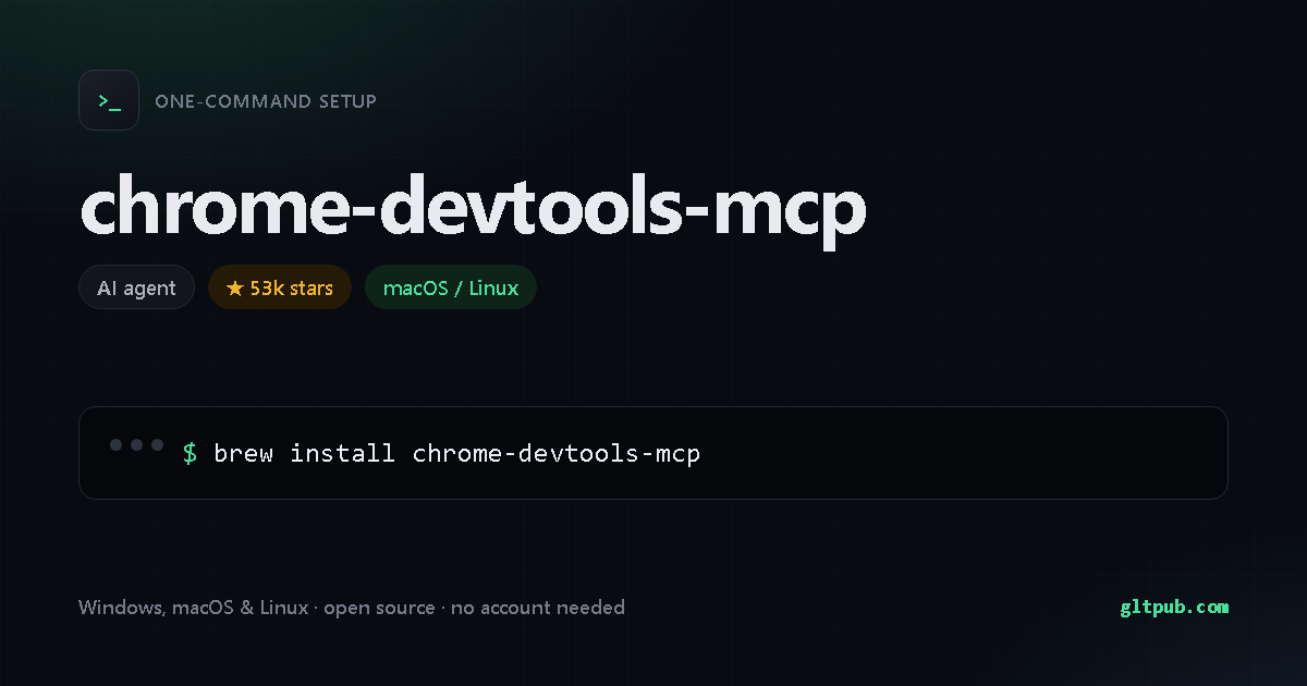 chrome-devtools-mcp one-command setup card, ai agent, for macOS and Linux, 53k stars on the project's repository