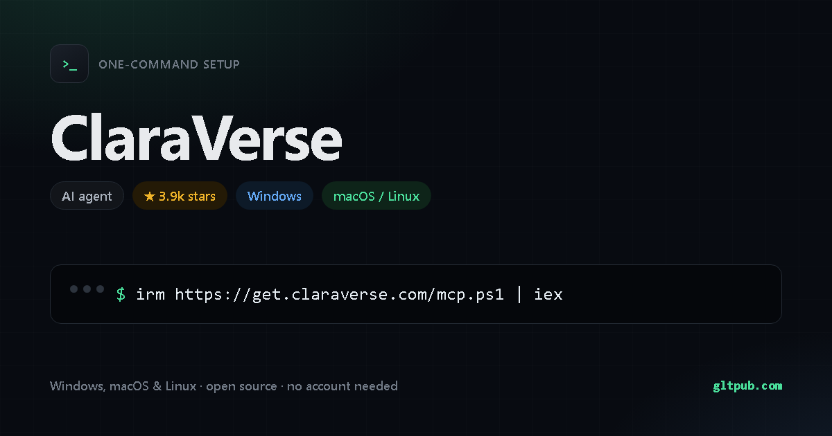 ClaraVerse one-command setup card, ai agent, for Windows and macOS and Linux, 3.9k stars on the project's repository