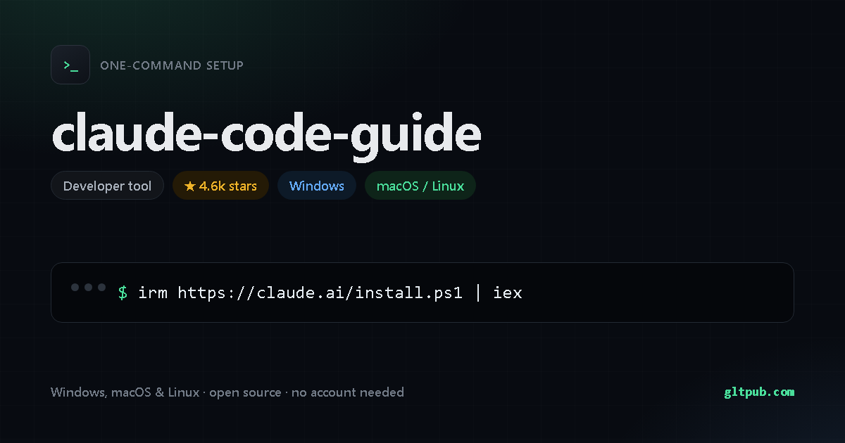 claude-code-guide one-command setup card, developer tool, for Windows and macOS and Linux, 4.6k stars on the project's repository