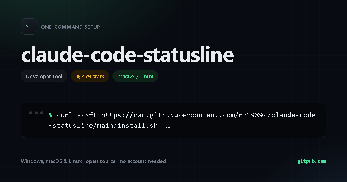 claude-code-statusline one-command setup card, developer tool, for macOS and Linux, 479 stars on the project's repository