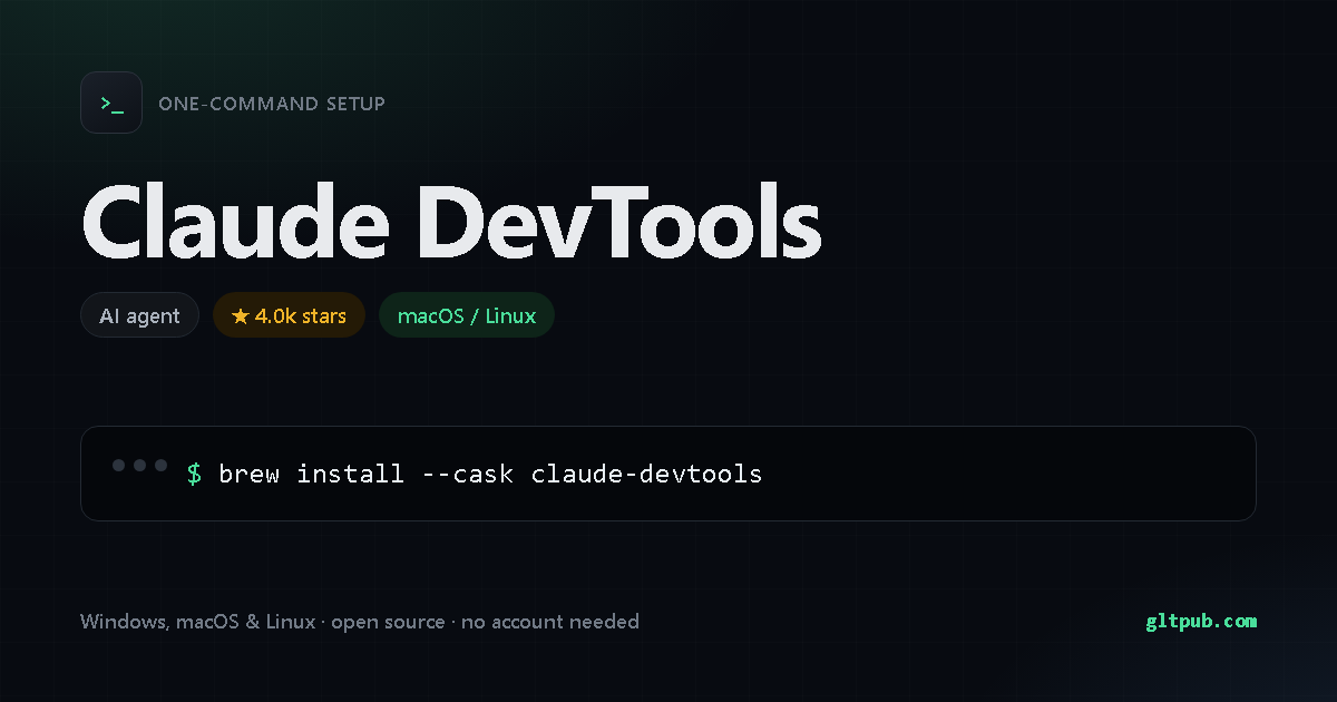 Claude DevTools one-command setup card, ai agent, for macOS and Linux, 4.0k stars on the project's repository