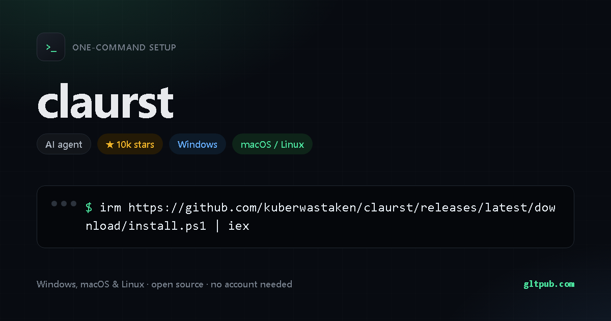 claurst one-command setup card, ai agent, for Windows and macOS and Linux, 10k stars on the project's repository
