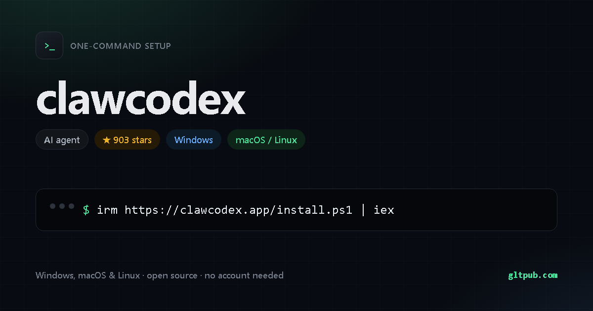 clawcodex one-command setup card, ai agent, for Windows and macOS and Linux, 903 stars on the project's repository