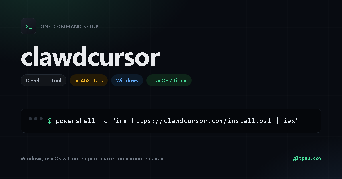 clawdcursor one-command setup card, developer tool, for Windows and macOS and Linux, 402 stars on the project's repository