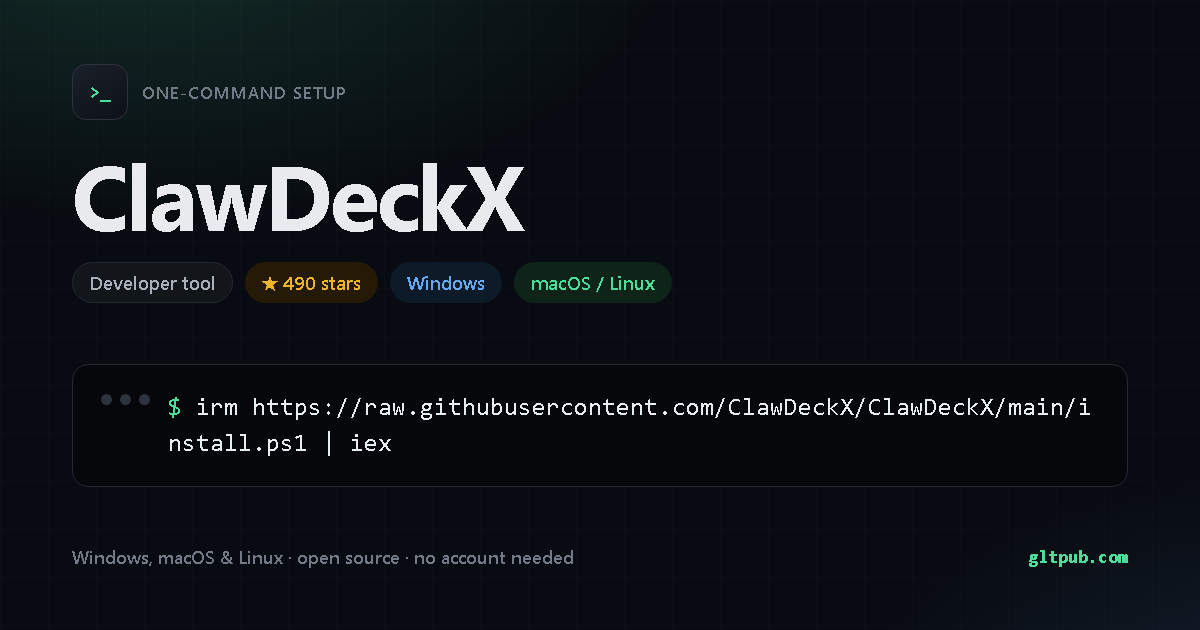 ClawDeckX one-command setup card, developer tool, for Windows and macOS and Linux, 490 stars on the project's repository