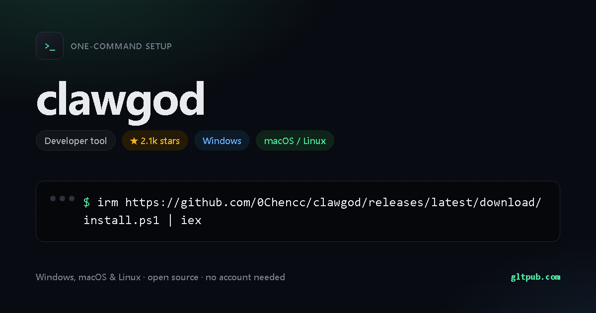 clawgod one-command setup card, developer tool, for Windows and macOS and Linux, 2.1k stars on the project's repository