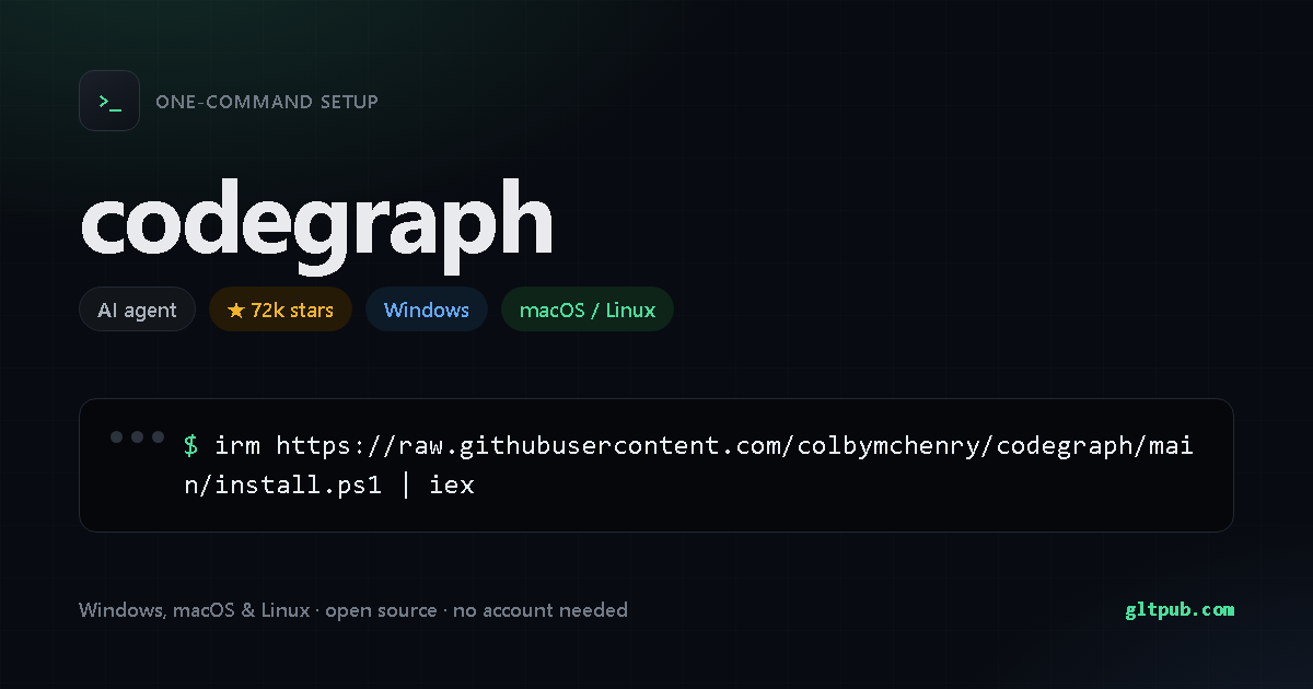 codegraph one-command setup card, ai agent, for Windows and macOS and Linux, 72k stars on the project's repository