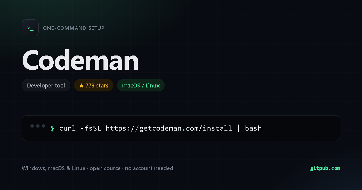 Codeman one-command setup card, developer tool, for macOS and Linux, 773 stars on the project's repository