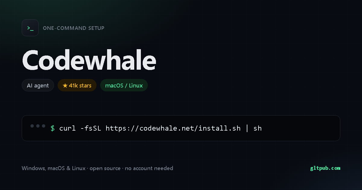 Codewhale one-command setup card, ai agent, for macOS and Linux, 41k stars on the project's repository