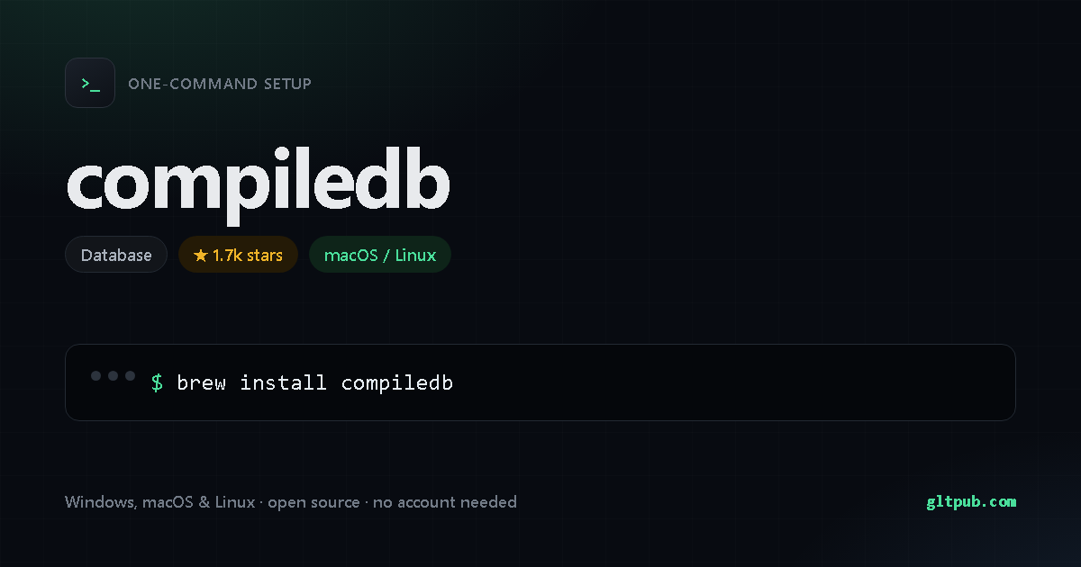 compiledb one-command setup card, database, for macOS and Linux, 1.7k stars on the project's repository