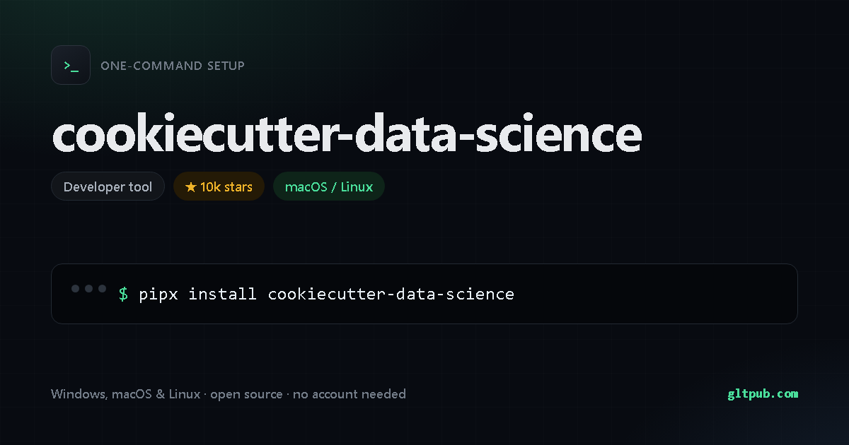 cookiecutter-data-science one-command setup card, developer tool, for macOS and Linux, 10k stars on the project's repository