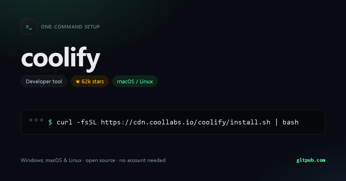coolify one-command setup card, developer tool, for macOS and Linux, 62k stars on the project's repository
