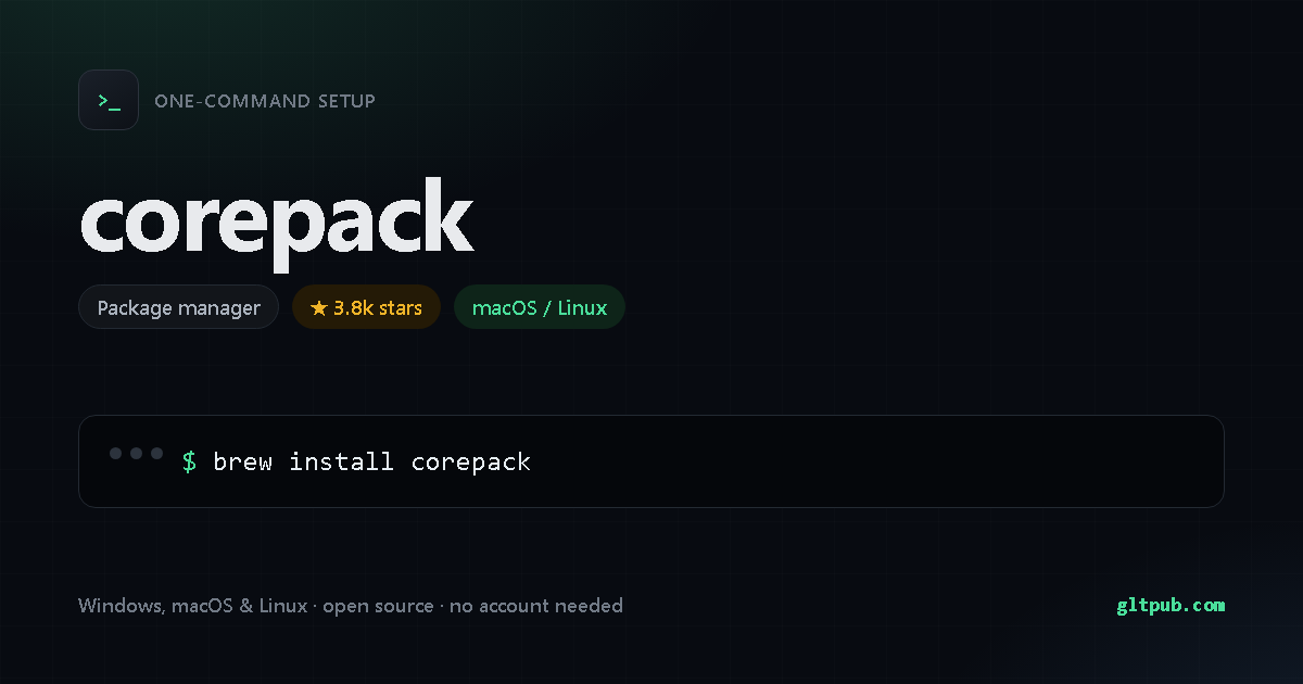 corepack one-command setup card, package manager, for macOS and Linux, 3.8k stars on the project's repository