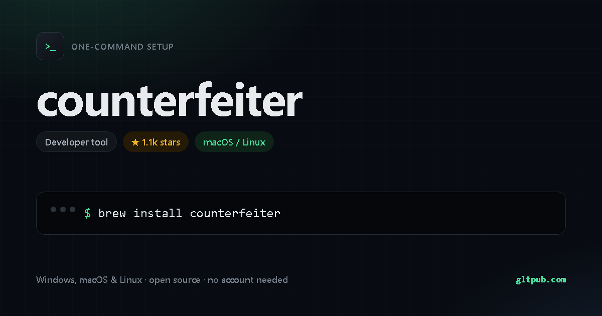 counterfeiter one-command setup card, developer tool, for macOS and Linux, 1.1k stars on the project's repository