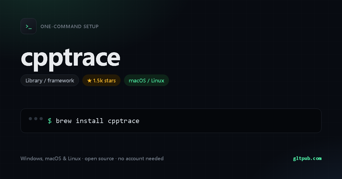 cpptrace one-command setup card, library / framework, for macOS and Linux, 1.5k stars on the project's repository