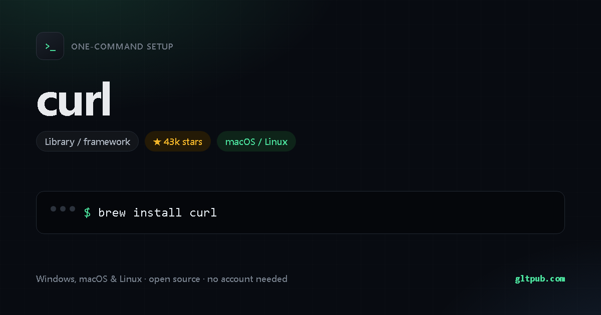 curl one-command setup card, library / framework, for macOS and Linux, 43k stars on the project's repository